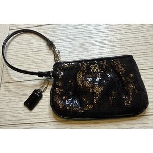 Coach BLACK Sequin‎ Signature Leather Strap Small Wristlet Clutch Zip Close 4x6